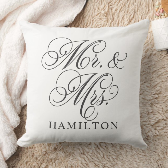 Elegant White Mr and Mrs Script Wedding Cushion (Blanket)