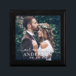 Elegant White Mr and Mrs Wedding Monogram Photo Gift Box<br><div class="desc">Elegant wedding gift box features a photo of the bride and groom with white text overlay. Custom wording includes "Mr and Mrs" in modern calligraphy script with custom married last name and wedding date text in classic serif typestyles. This would make a great wedding gift for the groom, to hold...</div>