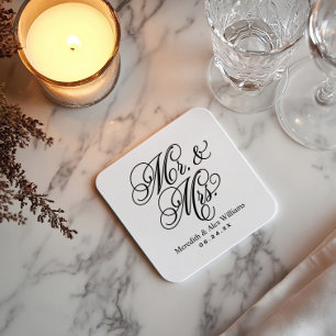Elegant White Mr and Mrs Wedding Monogram Square Paper Coaster