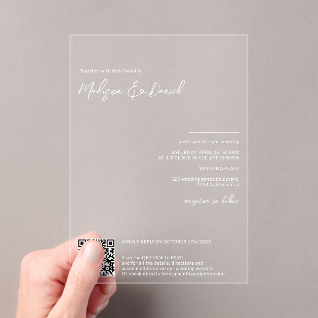Elegant white names calligraphy Qr code wedding Acrylic Invitations (Insitu (Handheld))
