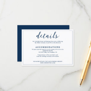 Elegant White & Navy Blue Border Script Wedding Enclosure Card
