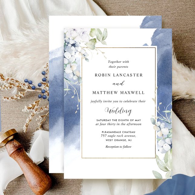 Elegant White, Navy Blue Floral Watercolor Wedding Invitation (Creator Uploaded)