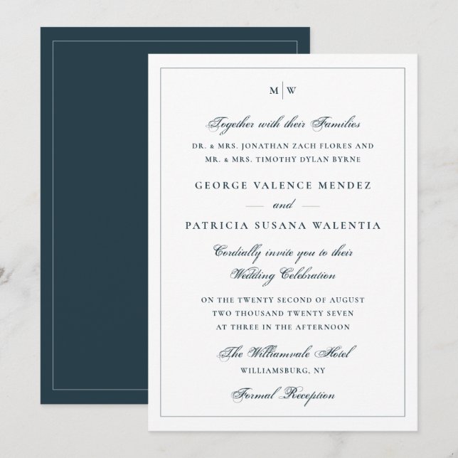 Elegant White Navy Blue Monogram Classic Wedding Invitation (Front/Back)