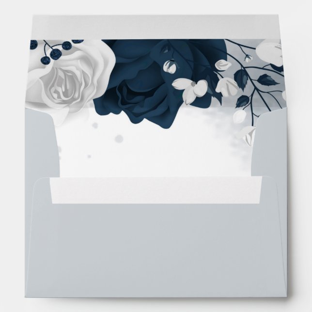 elegant white & navy flowers soft blue wedding envelope (Back (Bottom))
