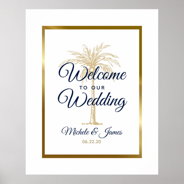 Elegant White Navy Gold Palm Tree Wedding Welcome Poster (Front)