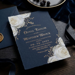Elegant White Navy Gold Roses Wedding Invitation