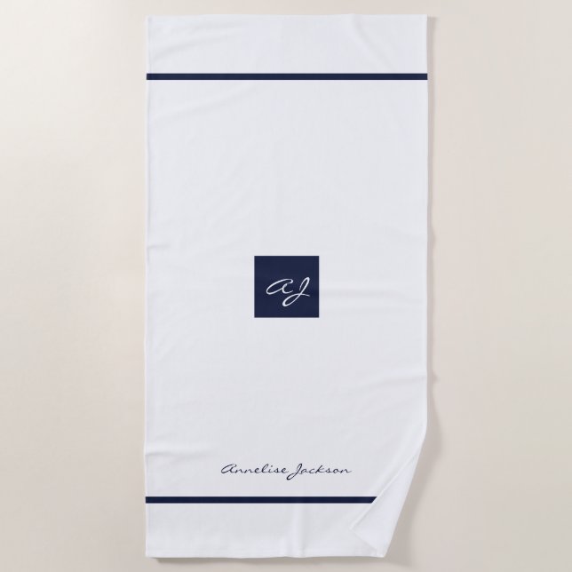 Elegant white navy modern monogrammed name beach towel (Front)