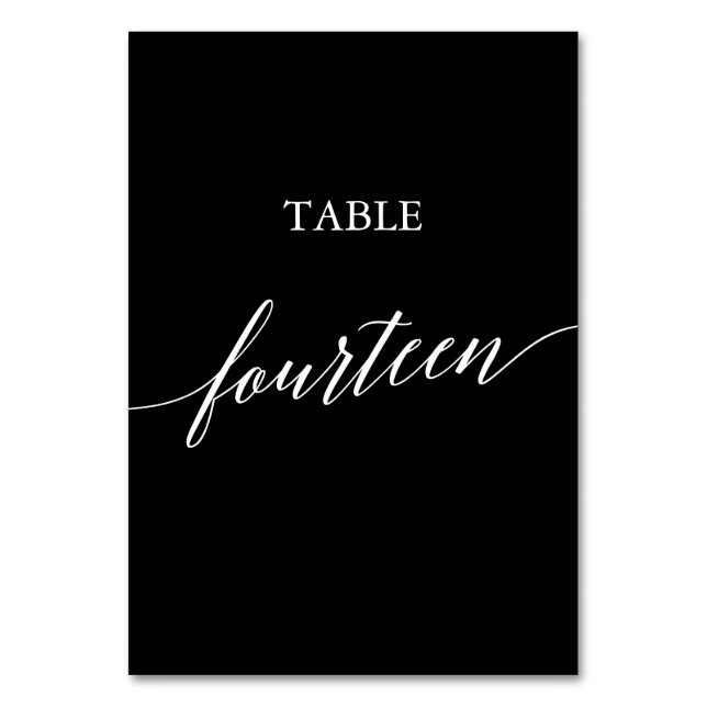 Elegant White on Black Calligraphy Table Fourteen Table Number (Front)