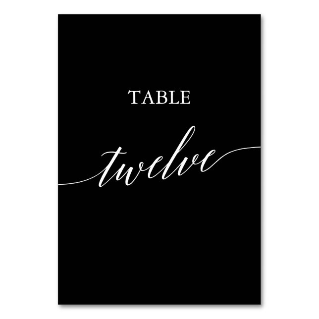 Elegant White on Black Calligraphy Table Twelve Table Number (Front)