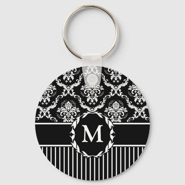 Elegant White on Black Damask Key Ring (Front)