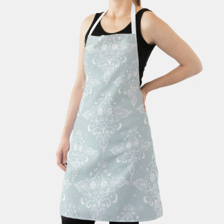 Elegant White on Pale Dusty Teal Grey Celestial Apron
