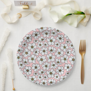 Elegant White On Pink Floral Print Paper Plate