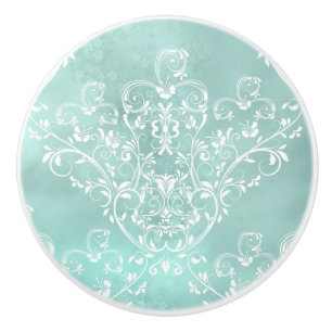 Elegant White on Teal Damask Ceramic Knob