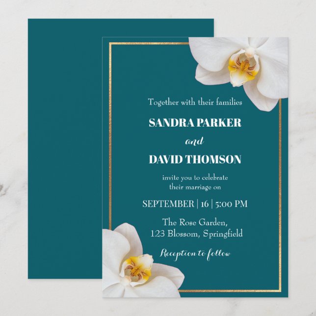 elegant white orchid blooms wedding invitation (Front/Back)
