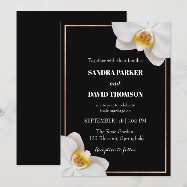 elegant white orchid blooms wedding invitation (Front/Back)