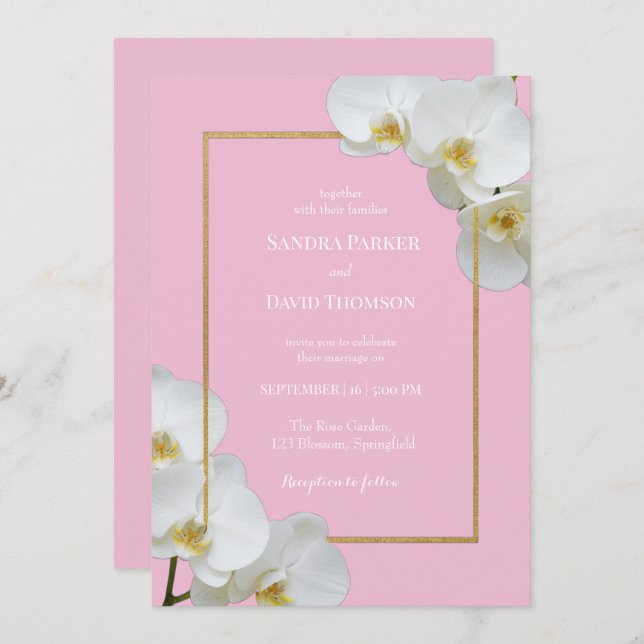 elegant white orchid blooms wedding invitation (Front/Back)
