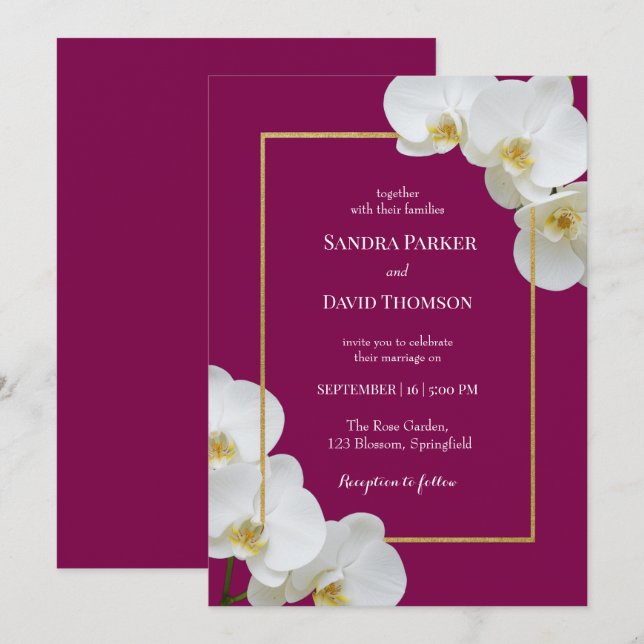 elegant white orchid blooms wedding invitation (Front/Back)