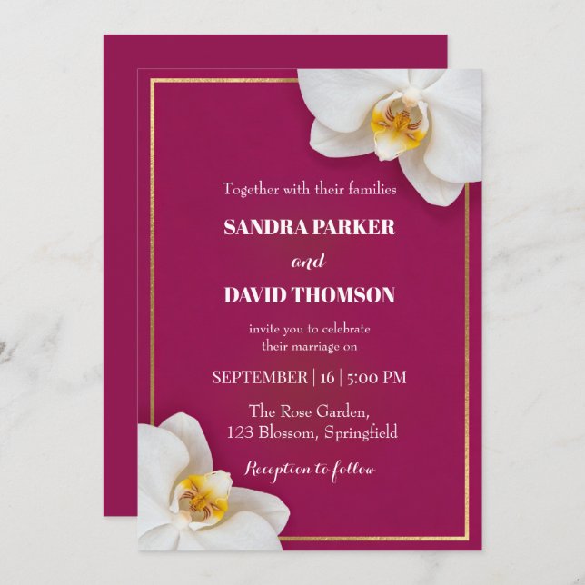 elegant white orchid blooms wedding invitation (Front/Back)