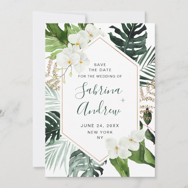 Elegant White Orchid Bohemian Greenery Wedding Save The Date (Front)