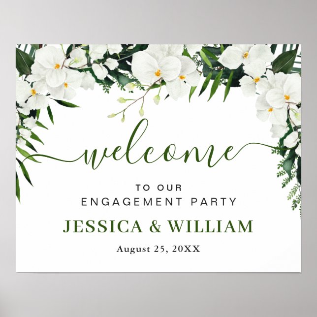 Elegant White Orchid ENGAGEMENT PARTY Welcome Sign (Front)