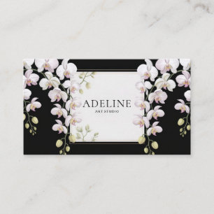 Elegant White Orchid Floral Black and Gold Business Card