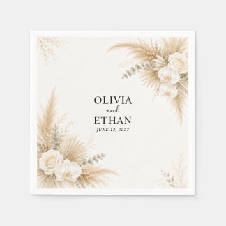 Elegant White Orchid Pampas Wedding Cocktail Paper Napkin