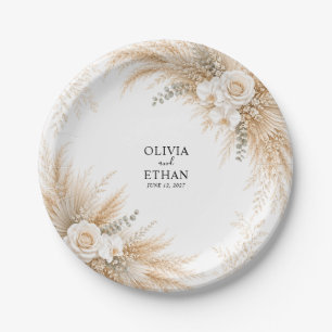 Elegant White Orchid Pampas Wedding Cocktail Paper Plate