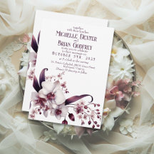 Elegant White Orchid & Plum Wedding Invitation