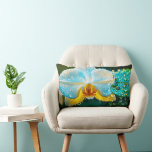Elegant White Orchid with Water Droplets Botanical Lumbar Cushion