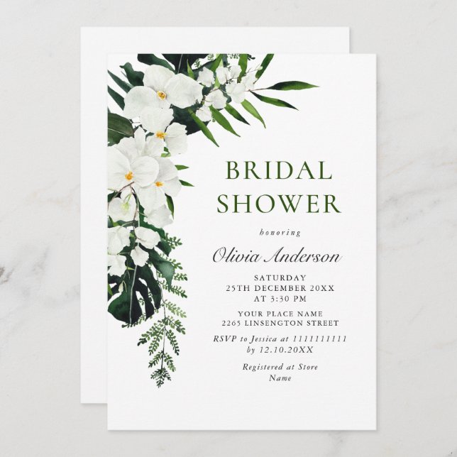 Elegant White Orchids Bohemian Bridal Shower Invitation (Front/Back)