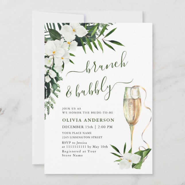 Elegant White Orchids Bohemian BRUNCH & BUBBLY Invitation (Front)