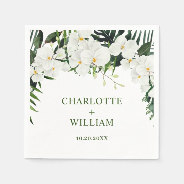 Elegant White Orchids Bohemian Floral Wedding Napkin (Front)