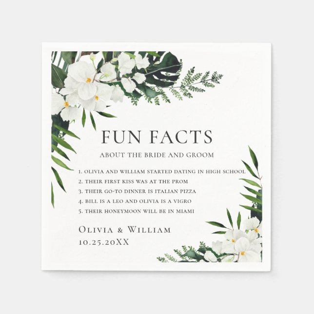 Elegant White Orchids Bohemian Fun Facts Wedding Napkin (Front)
