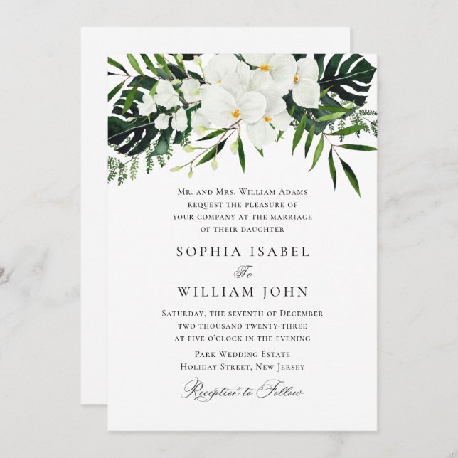 Elegant White Orchids Bohemian Greenery Wedding Invitation (Front/Back)