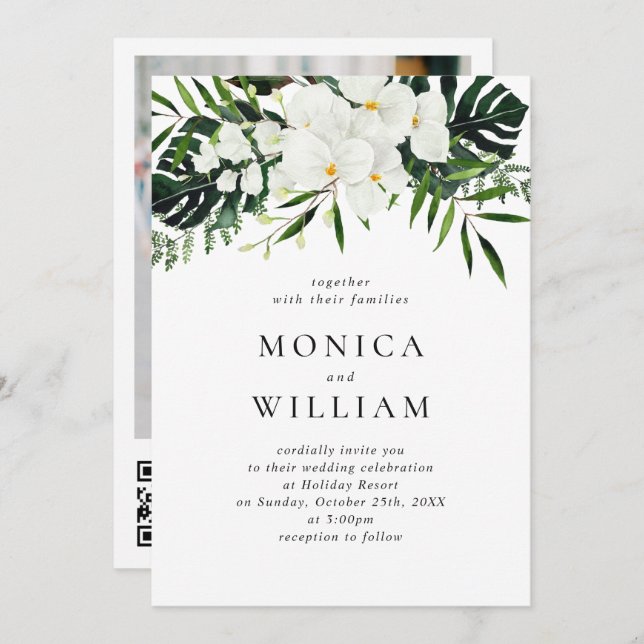 Elegant White Orchids Bohemian Greenery Wedding Invitation (Front/Back)
