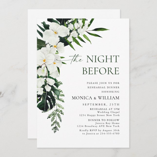 Elegant White Orchids Bohemian Rehearsal Dinner Invitation (Front/Back)