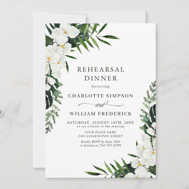 Elegant White Orchids Bohemian REHEARSAL DINNER Invitation (Front)