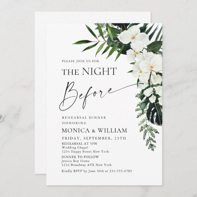 Elegant White Orchids Bohemian Rehearsal Dinner Invitation (Front/Back)