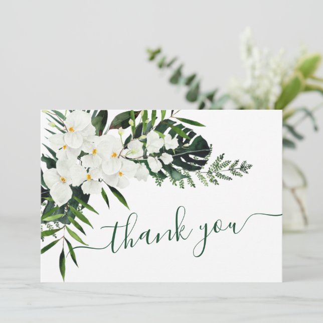 Elegant White Orchids Bohemian Wedding Floral Thank You Card (Standing Front)