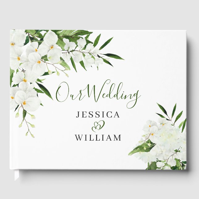 Elegant White Orchids Bohemian Wedding Guest Book (Front)
