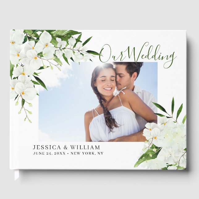 Elegant White Orchids Bohemian Wedding Photo Guest Book (Front)
