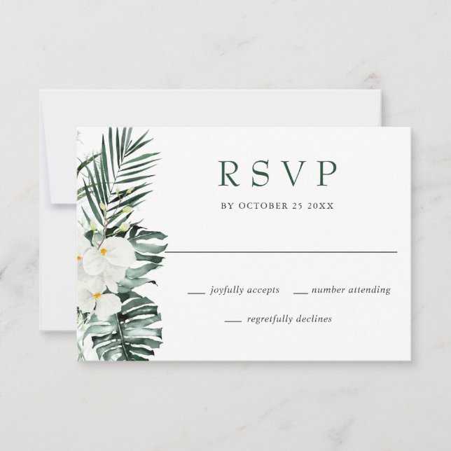 Elegant White Orchids Bohemian Wedding  RSVP Card (Front)