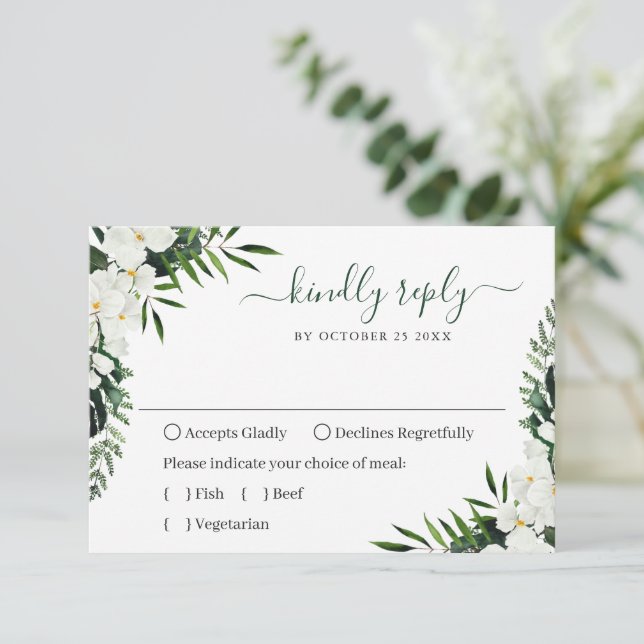 Elegant White Orchids Bohemian Wedding RSVP Card (Standing Front)