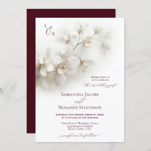 Elegant White Orchids Burgundy Script Wedding Invitation
