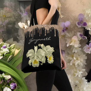 Elegant White Orchids Gold Glitter Drips Monogram  Tote Bag