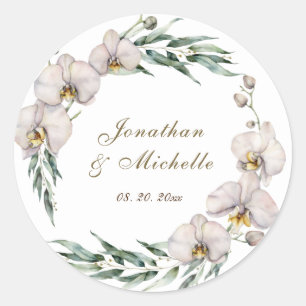 Elegant White Orchids Greenery Floral Wedding Classic Round Sticker
