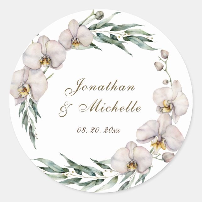Elegant White Orchids Greenery Floral Wedding Classic Round Sticker (Front)
