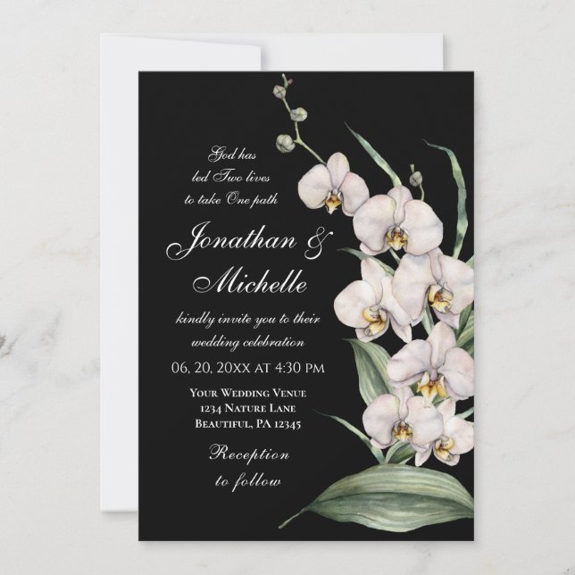 Elegant White Orchids on Black Christian Wedding Invitation (Front)