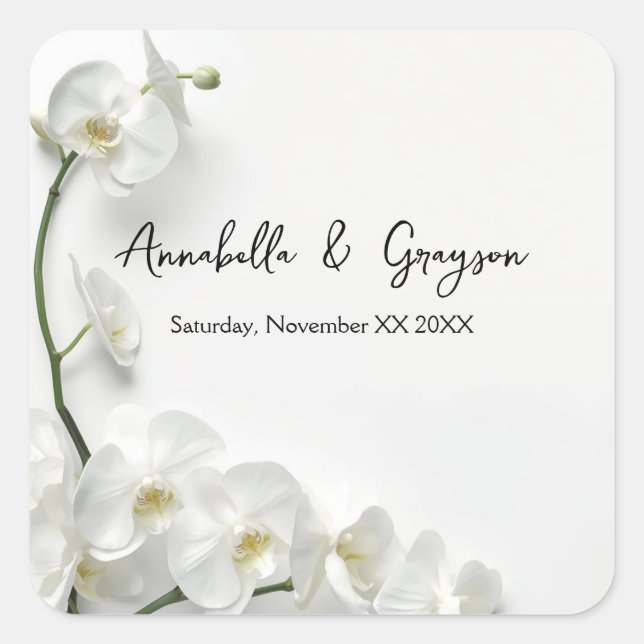 Elegant White Orchids Wedding Square Sticker (Front)