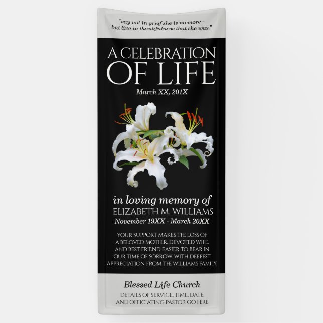 Elegant White Oriental Lilies Celebration of Life Banner (Vertical)